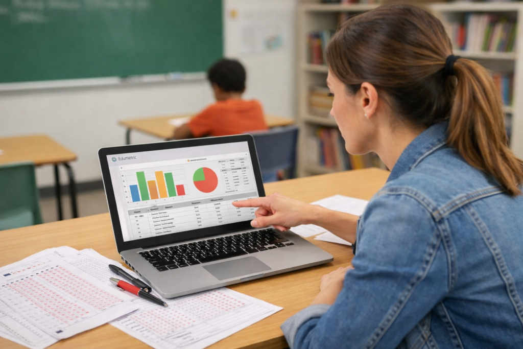 Docente analizando resultados de evaluación multiple choice con sistema Edumetric en aula secundaria